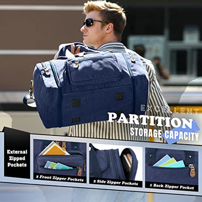 Gonex Canvas Duffle Bag, Expandable 60L Travel Overnight Weekender Bag - color: Blue, size: X-Large-60L (Without Shoe Compartment)