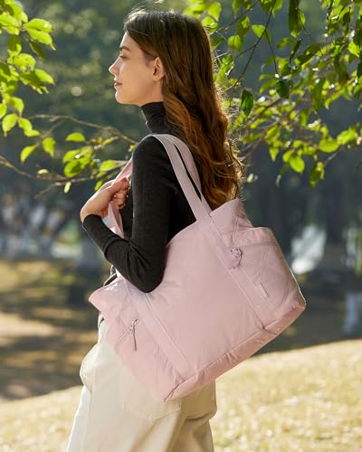 BAGSMART Crush Tote Bag for Women, 20L Puffer Work Tote with Zipper - color: A-pink