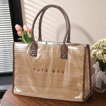 PVC Woven Tote for Women, Fits 16" Laptop, Crochet Style, Leak-Proof Lining, Top Handle&Zipper, Foldable for Travel