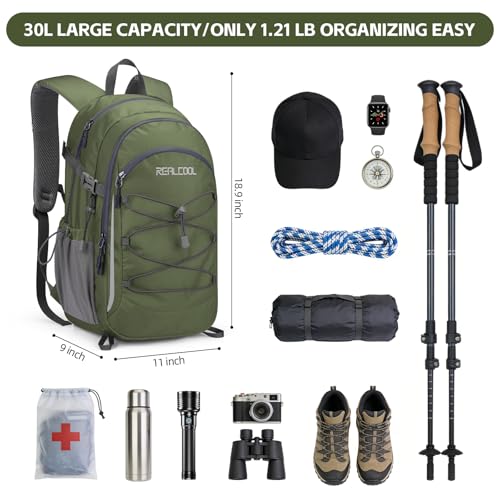RealCool 30L Lightweight Hiking Backpack, Waterproof Daypack for Camping - color: Army Green, size: 30L