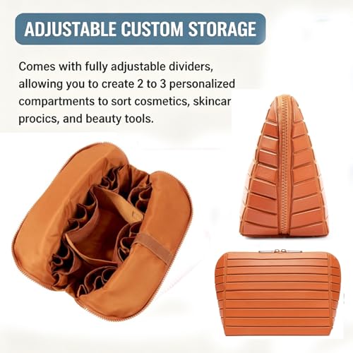 Makeup Bag, Travel Makeup Organizer Bag with Fold-Down Design and Adjustable Dividers, 27 Pockets & 3 Brush Storage Holders, Large Capacity Cosmetic Bags Toiletry Case (Brown)
