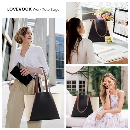 LOVEVOOK 여성용 노트북 토트 - 클러치가 있는 15.6인치 인조 가죽 노트북 가방, 대용량 사무실 지갑 컴퓨터 - color: 베이지 & 블랙, size: 15.6인치