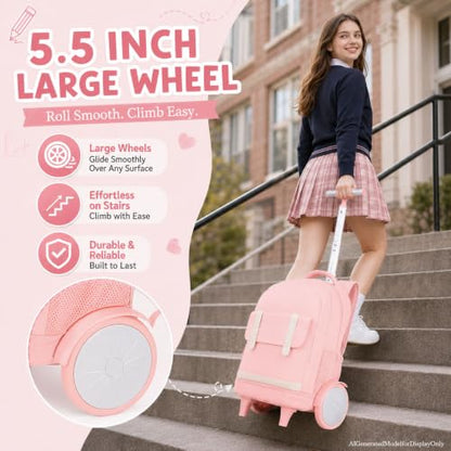 KLFVB Rolling Backpack for Women & Girls with Big Quiet-Glide Wheels, 3-in-1 Wheeled Commuter Set with Lunch Bag | Water-Resistant Roller Bookbag for Work, School, Travel - Pink - color: Girls Rolling Backpack with Big Wheels - Pink