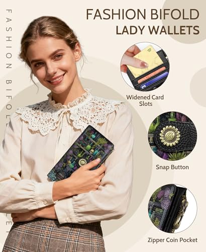 GIANCOMICS Goth Book Shelf Womens Wallet RFID, Credit Card Holder Bifold - color: Bookshelf Skulls