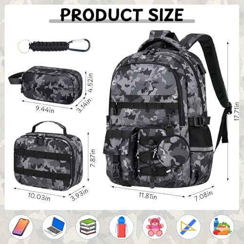 School Backpack for Boys - 5pcs Camo Boys Backpack with Lunch Box Set for Kids Teens Elementary Middle High School,18″ Large Capacity Students Bookbag - color: Black-backpack Set