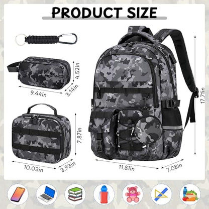 School Backpack for Boys - 5pcs Camo Boys Backpack with Lunch Box Set for Kids Teens Elementary Middle High School,18″ Large Capacity Students Bookbag - color: Black-backpack Set