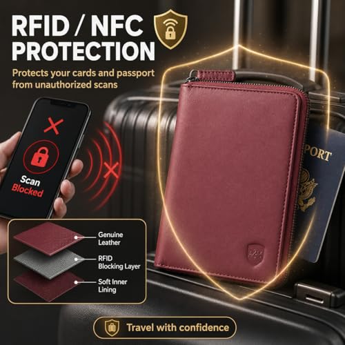 ALLEN & MATE Leather Passport Holder for Travel, RFID Zip Travel Wallet - color: Maroon