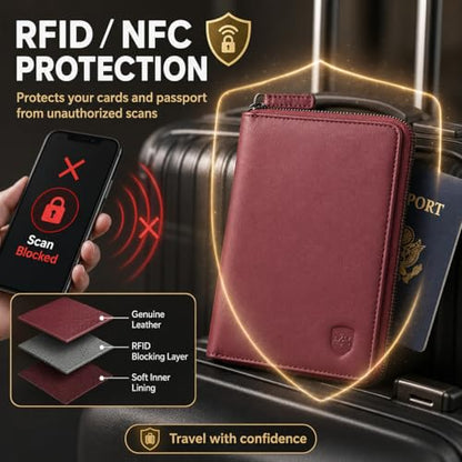 ALLEN & MATE Leather Passport Holder for Travel, RFID Zip Travel Wallet - color: Maroon