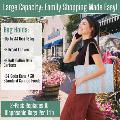 VENO 2 Pack Utility Tote Reusable Grocery Bags with Zipper & Hard Bottom - color: Evergreen, size: 2 Pack