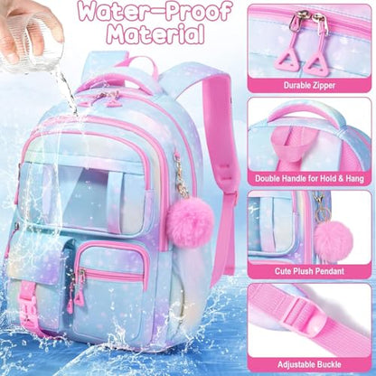 Fimibuke Kids Backpack for School Girls, Waterproof Backpack w/Lunch Box - color: A2.Diamond Purple