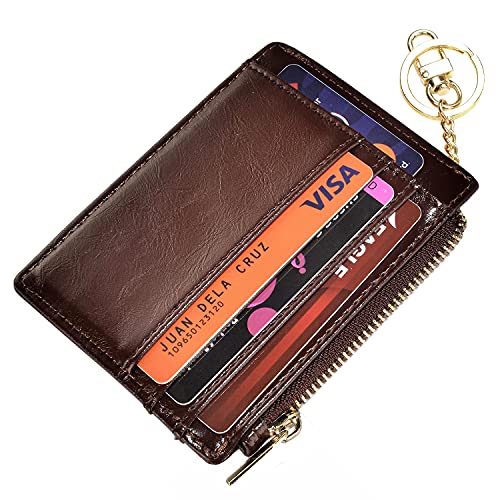 woogwin Slim RFID Credit Card Holder for Women Mini Front Pocket Wallet Purse With Keychain - color: Oil Coffee