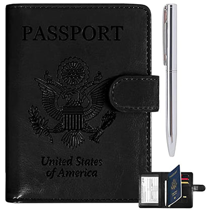RSAquar Unisex Faux Leather Passport and Vaccine Card Holder Combo, Black, Slim and Lightweight with RFID Blocking Technology - color: Black
