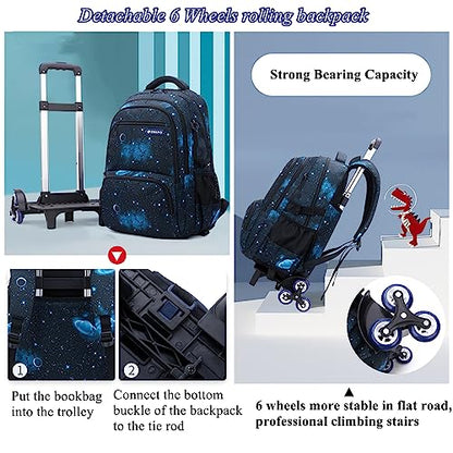Mildame Geometric Print Rolling Backpack for School Boys Girls with Lunch Bag Teens Bookbag with Wheels Kids Trolley Bag Set, Six Wheels - color: Blue Set-6 Wheels
