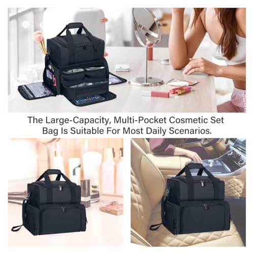 Large Makeup Bag with 3 Removable Case and 2 Removable Dividers,Black - color: Black