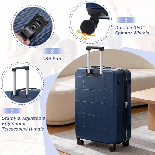 Merax Luggage Sets 5 Piece,Hardside Carry On Suitcase Set with USB Port - color: Blue(20 top-open), style: 3-piece Set(20/24/28)