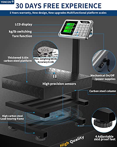 Digital Industrial Platform Scale for Packages, 661lb Weight Shipping Scale, 0.1LB Super Accuracy Commercial Scale for Luggage, Shipping, A6-300 Postal Scale with Price Computing, Kg/LB, LCD, Adapter