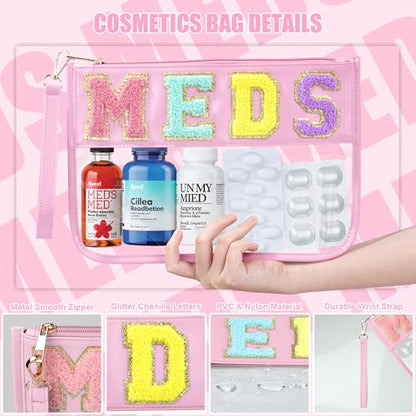 BuyCard Chenille Letter Clear Medicine Bags, Makeup Meds Bags, Preppy Patch Cosmetic Bag with Zipper&Wristlet, Waterproof PU&PVC Toiletry Medicine Storage Case, Portable Travel Drugs Pills Pouch Pink - color: Pink-Meds