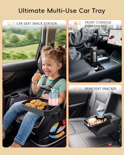 Car Seat Snack Tray for Kids Toddler Travel with Cup Holder & Dip Well