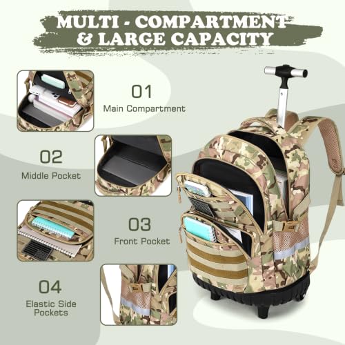 Boys Camo Rolling Backpack with Lunch Box Pencil Case | Kids Tactical Military Army Roller Backpack With Wheels Kindergarten Elementary School Bookbag Travel Camping, Khaki Camo - color: Khaki Camo