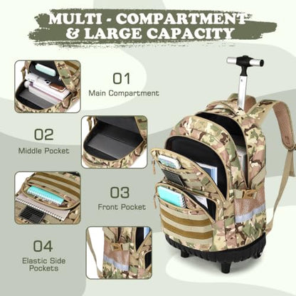 Boys Camo Rolling Backpack with Lunch Box Pencil Case | Kids Tactical Military Army Roller Backpack With Wheels Kindergarten Elementary School Bookbag Travel Camping, Khaki Camo - color: Khaki Camo