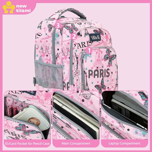 NEW TILAMI 18 Inch Rolling Backpack with Lunch Bag for Girls Boys School - color: Pink Paris