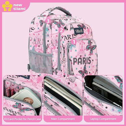 NEW TILAMI 18 Inch Rolling Backpack with Lunch Bag for Girls Boys School - color: Pink Paris
