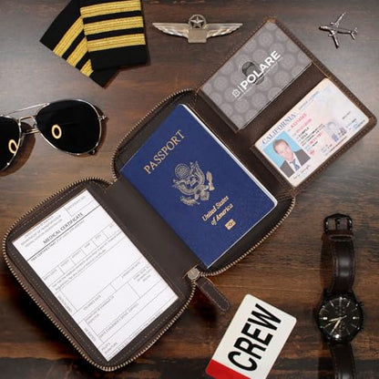 Polare Leather Pilot Wallet Passport Holder RFID Blocking Tri-fold Travel Cover Document Organizer for Aviation Professionals (Dark Brown(YKK Zipper Version)) - color: Dark Brown(YKK Zipper Version)