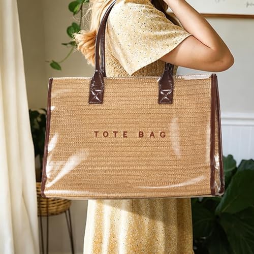 PVC Woven Tote for Women, Fits 16" Laptop, Crochet Style, Leak-Proof Lining, Top Handle&Zipper, Foldable for Travel