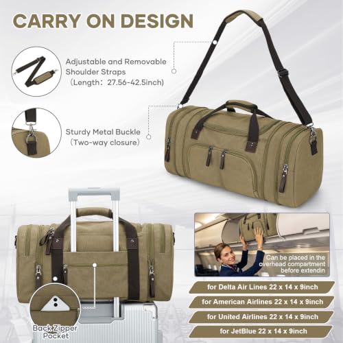 coowoz Duffle Bag for Men 40L Expandable Canvas Travel Weekender Overnight Bag with Trolley Sleeve & Shoulder Strap for Business Trips, Travel Khaki - color: Khaki