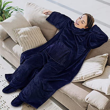 PAVILIA Fleece Blanket with Sleeves, Foot Pockets for Women Men, Navy Blue - color: Navy, size: Fleece