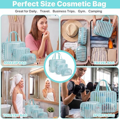 3 Pack Clear Blue PVC Travel Toiletry Bags - TSA Approved Waterproof Makeup Organizer Set with Handle, Striped Cosmetic Pouches for Airplane Gym and Daily Use - color: SET-Blue