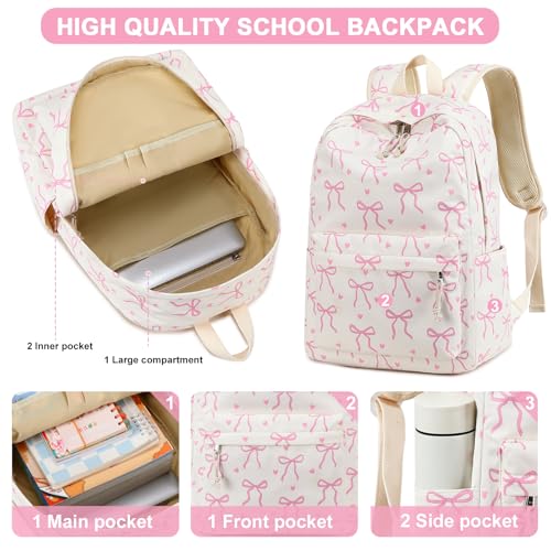 LEDAOU Backpack for Girls School Bag Kids Bookbag Teen Backpack Set Daypack with Lunch Bag and Pencil Case - color: A-bow Tie Beige