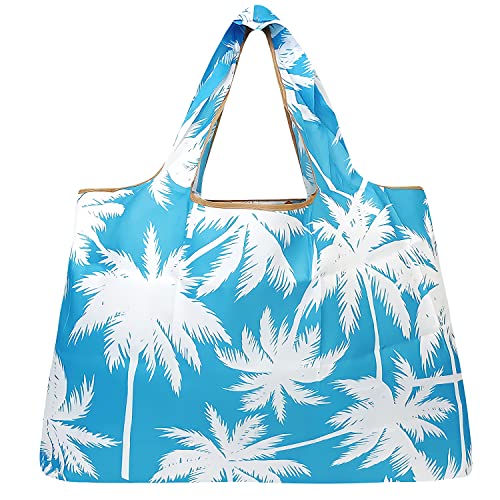allydrew Large Foldable Tote Nylon Reusable Grocery Bags, Palm Trees in Blue - color: Palm Trees in Blue