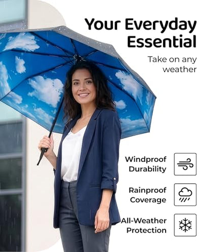 Windproof Travel Umbrella - Compact & Withstands Winds up to 100MPH, Strongest Premium Auto Folding Umbrella for Rain and Sun - Durable, Light & Portable for Women & Men, Fits Backpack & Cars - color: 6. Blue Sky