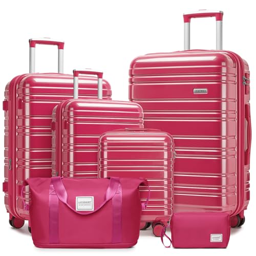 LARVENDER Luggage Sets 6 Piece Expandable Suitcases Set, Glossy Very Berry - color: Glossy Very Berry-6PC, size: Family Set