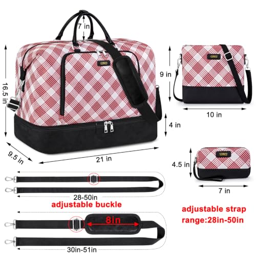 TIBES Travel Weekender Bag for Women, Overnight Bag with Shoe Compartment - color: W-Red Plaid