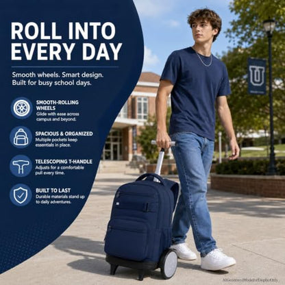 3Pcs Large Wheels Rolling Backpack for Boys Men, 20 Inches Detachable Wheeled Backpack Set, Water Resistant Roller Backpack for Travel Work College School (Blue) - color: Cassic-bue (Large Wheels)