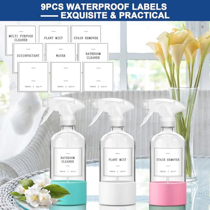 Glass Spray Bottles for Cleaning, 3 Pack Clear Empty Spray Bottle for Cleaning Solutions, 17 fl oz Reusable Spray Bottle for Plants with Silicone Boot, Cleaning Spray Containers with Labels - size: 3 Pack