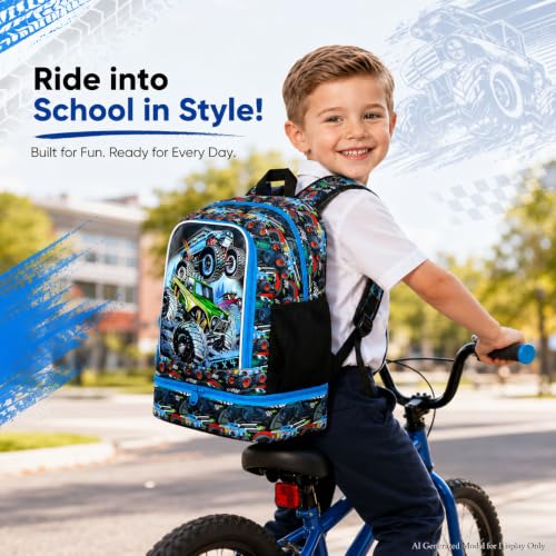 CCJPX 3Pcs Backpack for Boys, 16 Inch Preschool Elementary Kindergarten School Backpacks and Lunch Box - color: Truck 2 in 1