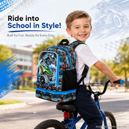 CCJPX 3Pcs Backpack for Boys, 16 Inch Preschool Elementary Kindergarten School Backpacks and Lunch Box - color: Truck 2 in 1