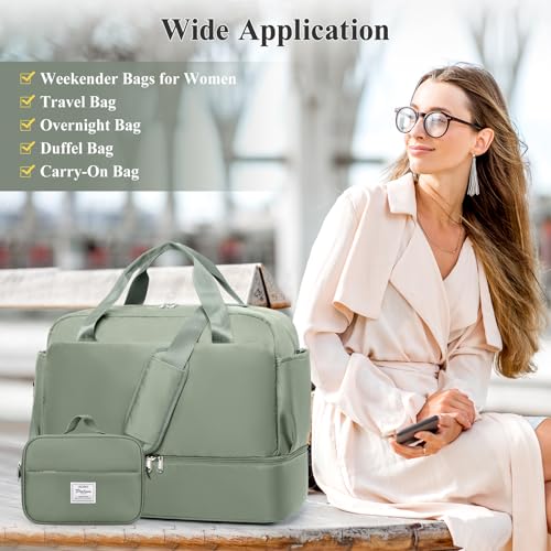 Travel Duffel Bag with Shoes Compartment, Carry-on Weekender Bags for Women - color: Olive Green 3Pcs Set
