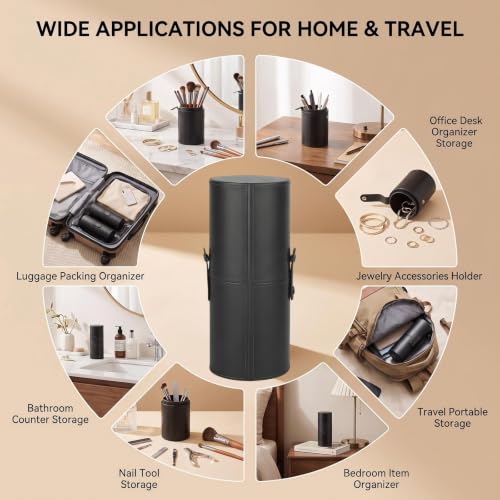 erioctry Black Makeup Brush Case Holder Portable PU Leather Cosmetic Brush Organizer & Storage Roll-up Case for Travel 23 x 8 cm with Snap Closure