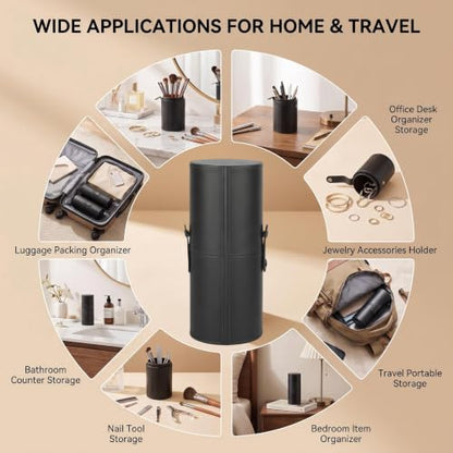 erioctry Black Makeup Brush Case Holder Portable PU Leather Cosmetic Brush Organizer & Storage Roll-up Case for Travel 23 x 8 cm with Snap Closure