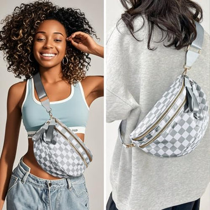 Checkered Crossbody Bags for Women, Large Nylon Bum Bags - color: Light Grey Checkered