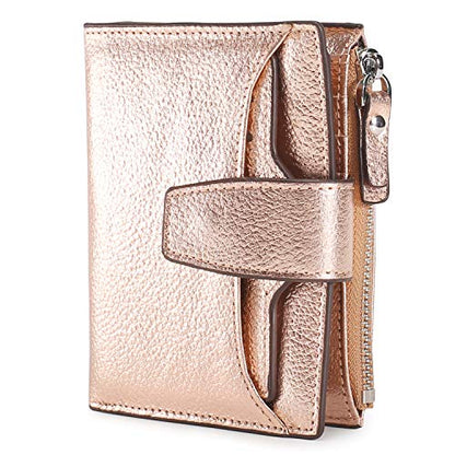 Women's RFID Blocking Leather Small Compact Bi-fold Zipper Pocket Wallet Card Case Purse with id Window - color: Lichee Champaign Gold
