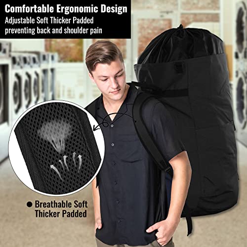 Laundry Bag Backpack 125L Extra Large, Heavy Duty 900D Coated Oxford Fabric, 3 Pockets Durable Travel Laundry Bags with Soft Padded Shoulder Straps for College Dorm, Apartment, Laundromat (Black) - color: Black