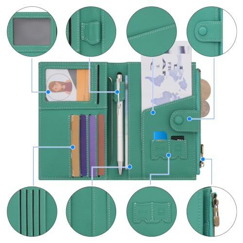 Leather Passport Cover Wallet Travel Essentials Holder with Zipper Pocket - color: Cyan