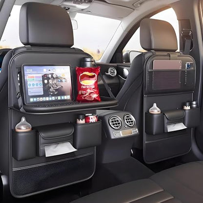 2 Pack Universal Foldable Car Backseat Organizer with Table Tray, Car Seat Back Protector with Touch Screen Phone Holder, Premium Leather Kick Mats with Storage Pockets Tissue Box (Black) - color: Blcak