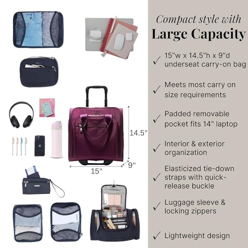 Baggallini 2 Wheel Underseater Carry-On - Lightweight Travel Weekender Luggage - color: Mulberry