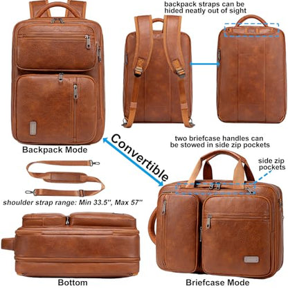 weiatas 3-in-1 Vegan Leather Convertible Laptop Bag for Men Women, Expandable Travel Backpack Work Briefcase Messenger Bag - color: Brown
